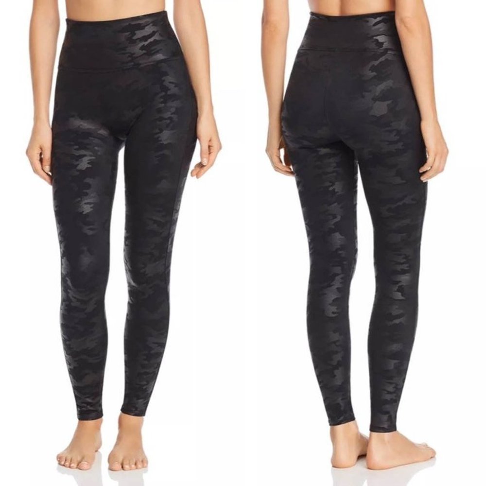 Spanx Faux Leather Black Camo Leggings